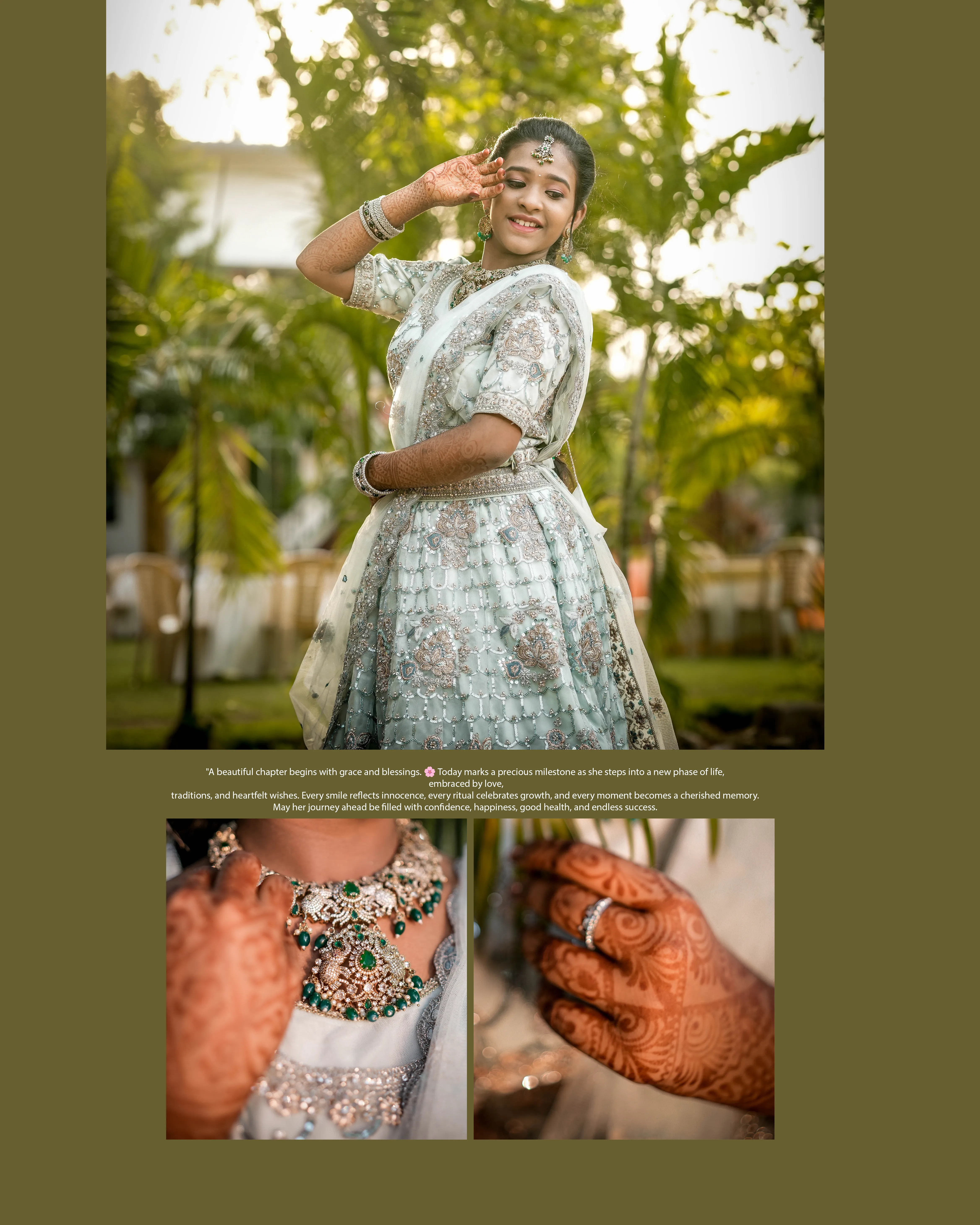 Traditional saree drape and jewelry details of Prathiksha puberty function