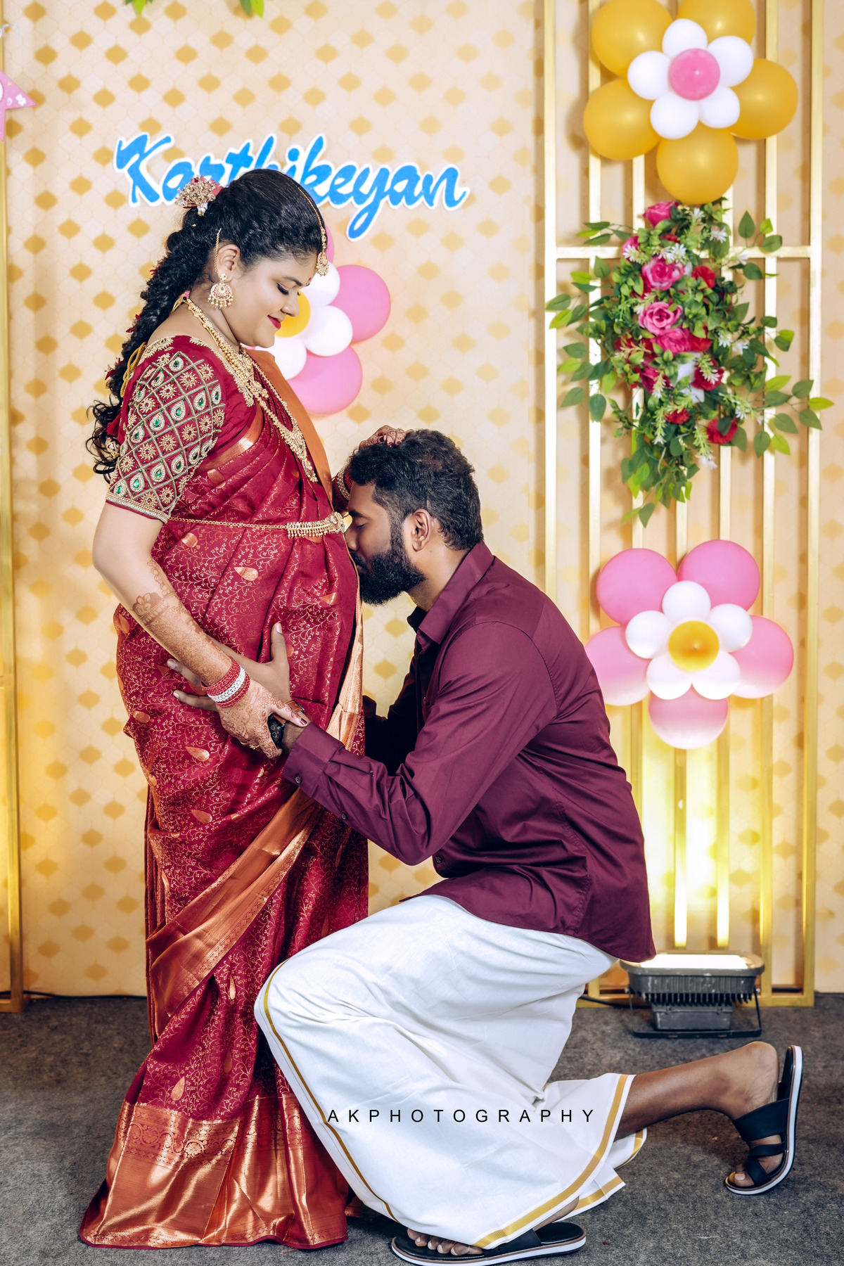 A beautiful maternity photoshoot in Coimbatore capturing the joy of a baby shower, by AK Photography.