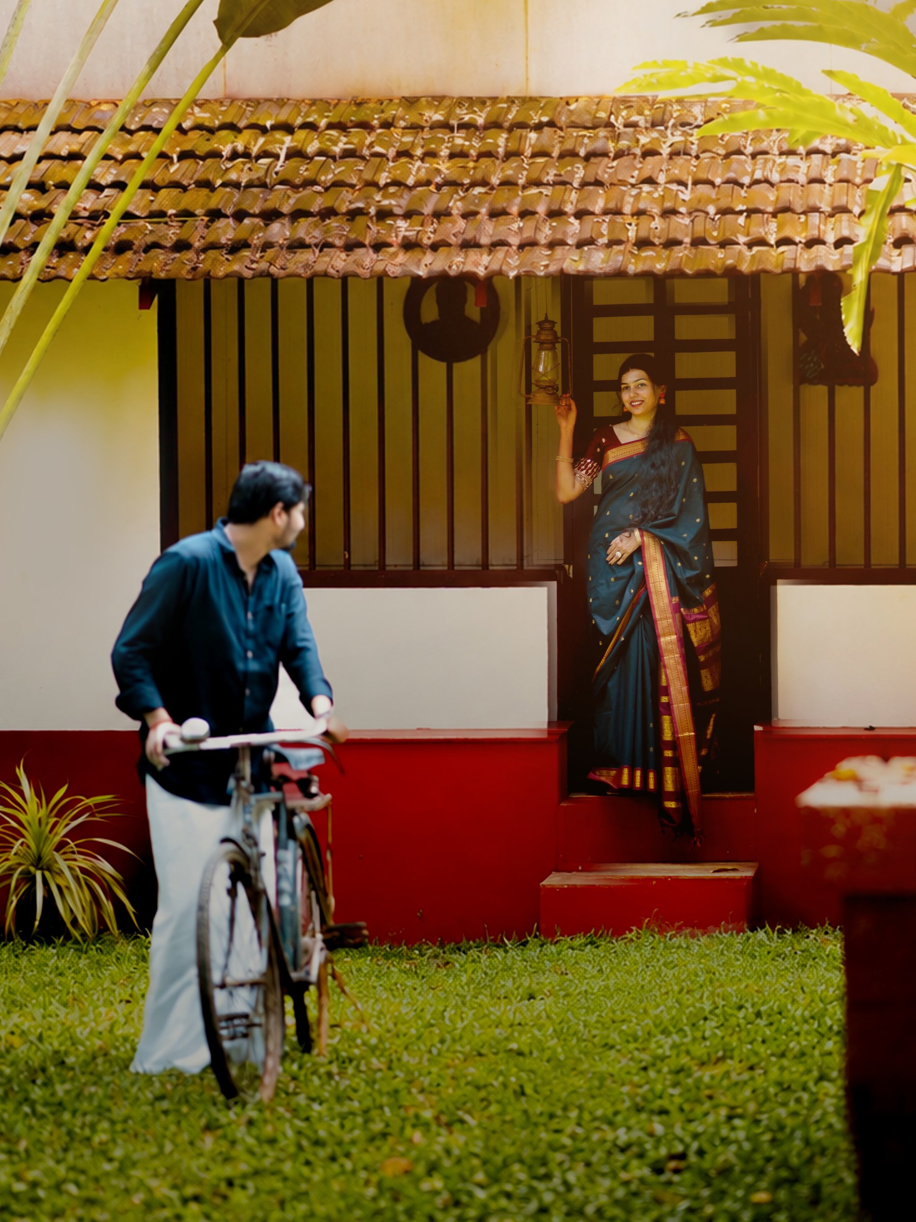 Golden hour sunset couple portrait of Priyanka and Harish in Kerala
