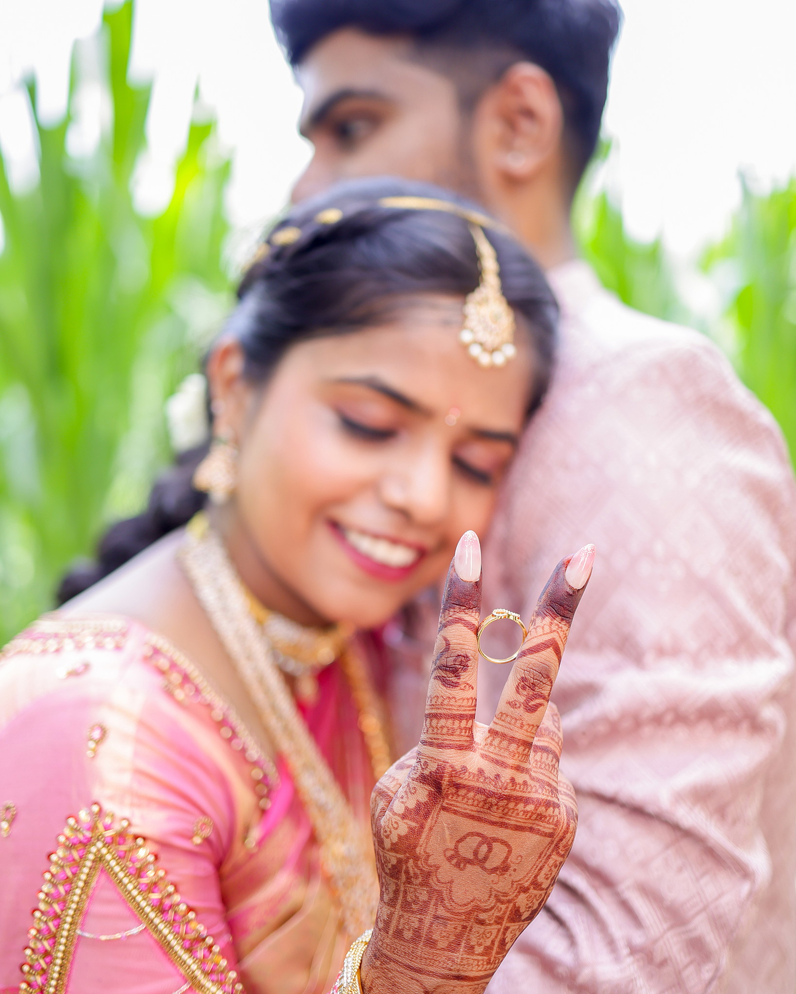 Traditional engagement ceremony portrait of couple Bharanidharan and Leghashree in Coimbatore
