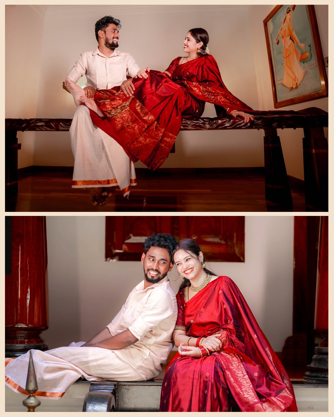 Joyful diptych portraits of Sneha and Deepak laughing on antique wooden bench at Kurumboor Mana