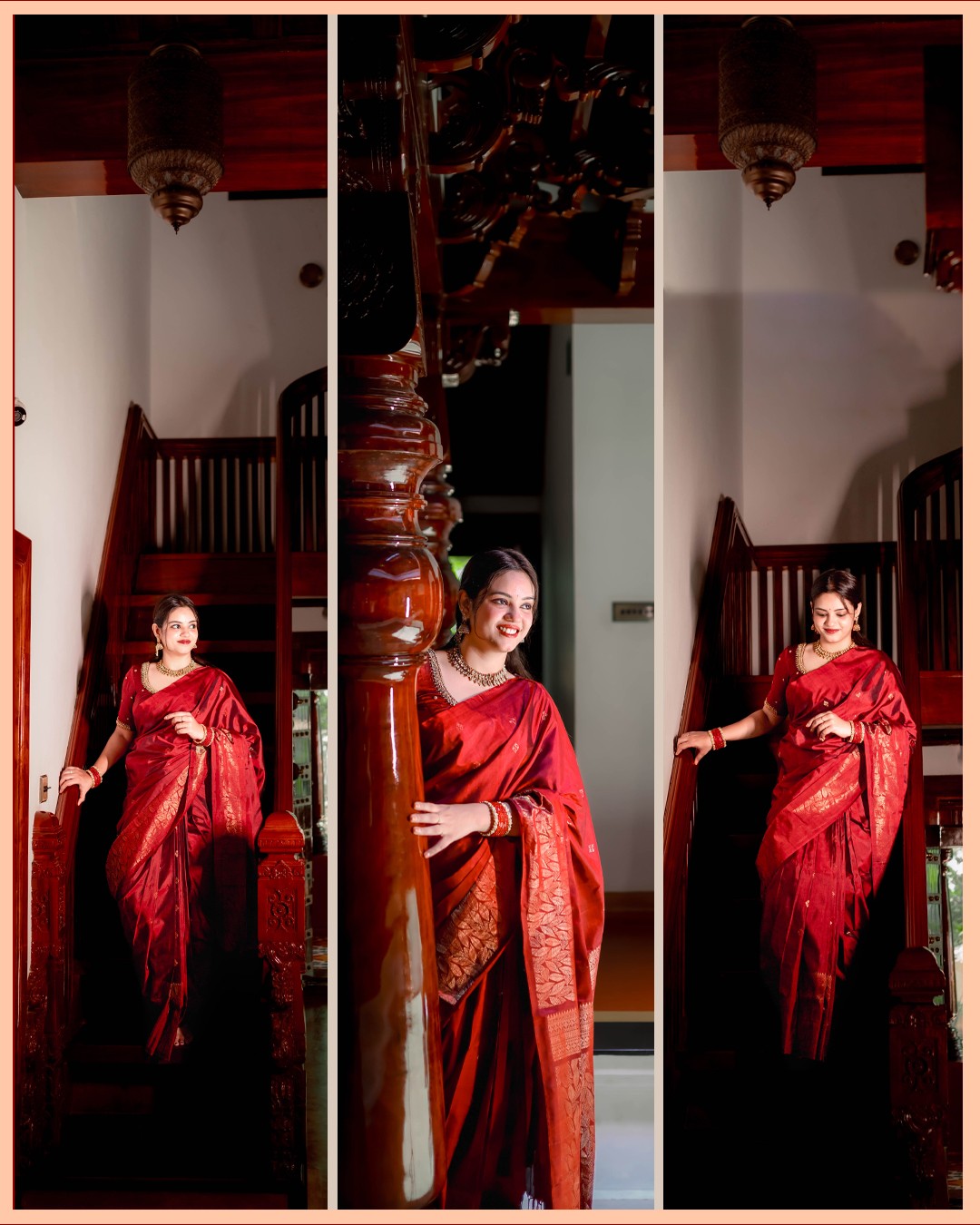 Artistic triptych collage along ancient wooden staircase at Kurumboor Mana Palace pre-wedding photoshoot