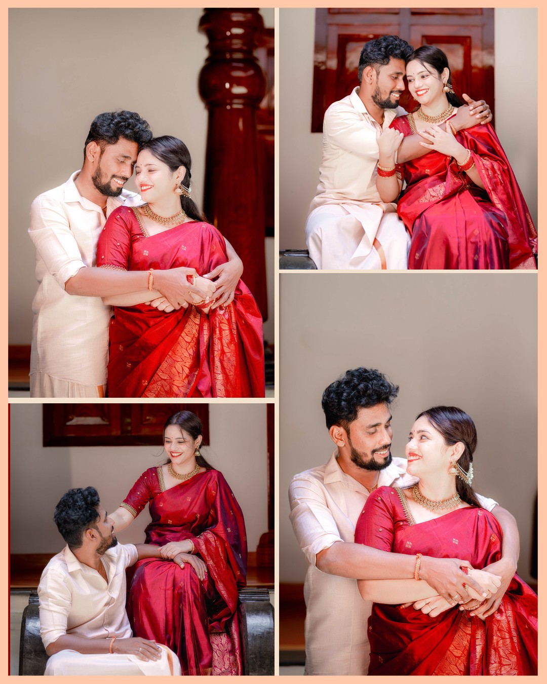 Romantic candid embrace collage of Sneha and Deepak capturing heartfelt laughter and chemistry