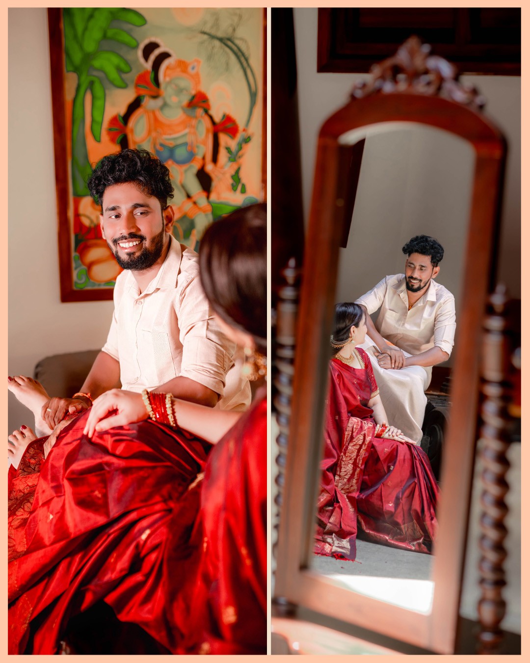 Vintage Belgian brass mirror reflection couple portrait of Sneha and Deepak at Kurumboor Mana