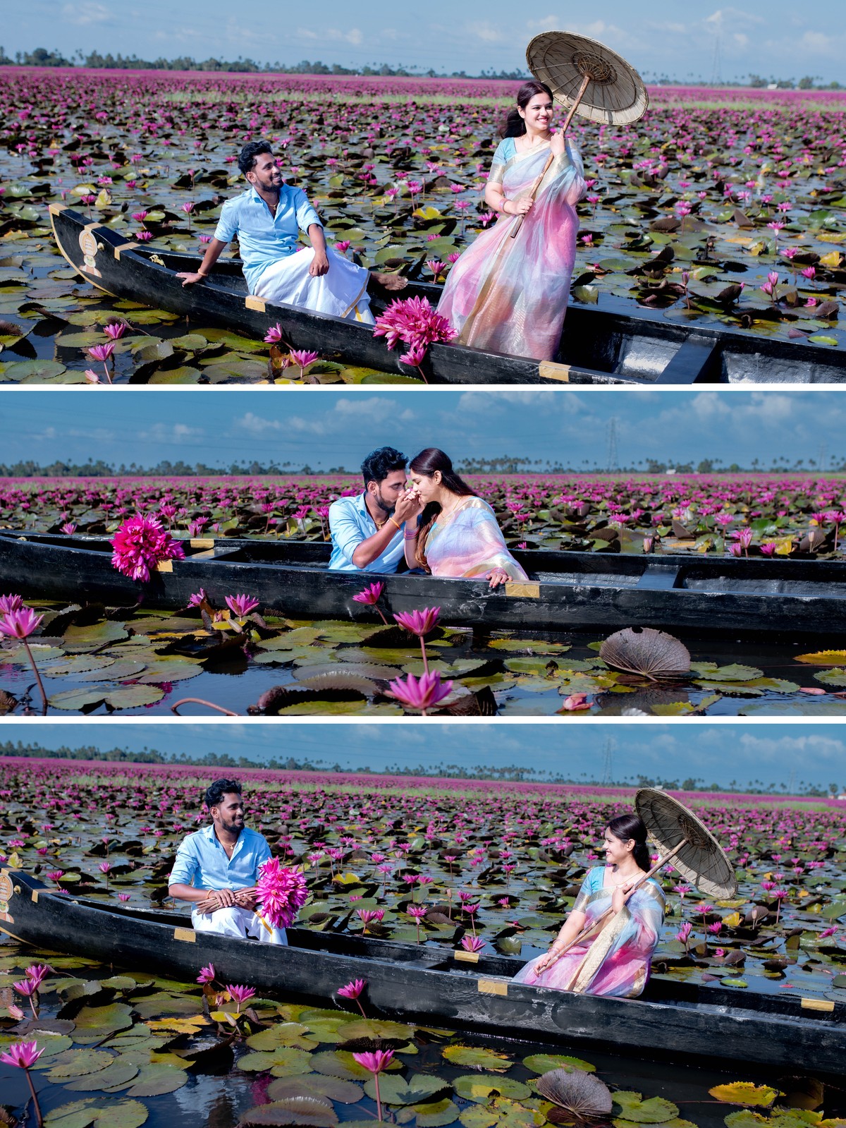 Storytelling boat ride pre-wedding triptych collage of Shneka and Deepak at Malarikal by AK Photography